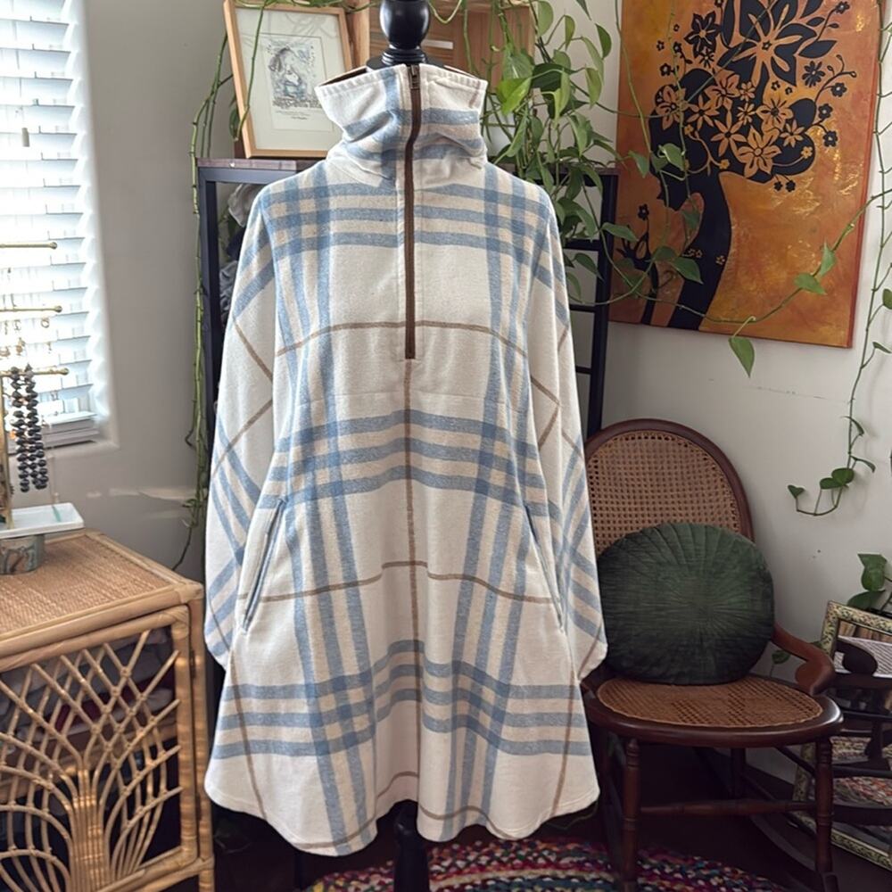 Free People Woodstock Brushed Plaid Combo Preppy Boho Pullover 1/4 Zip Poncho